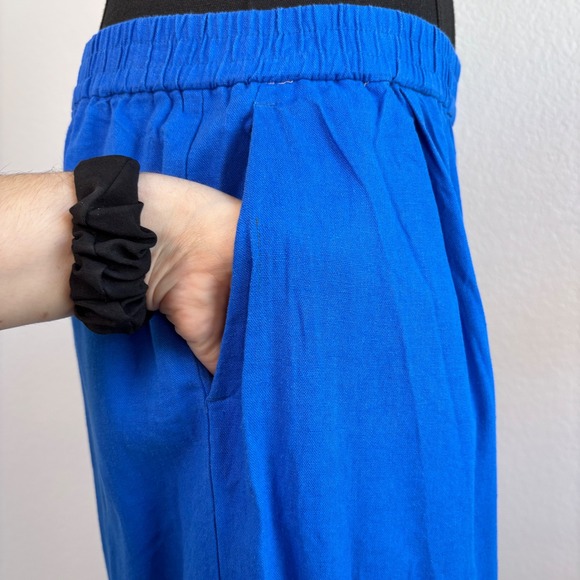 ZARA Linen Blend Wide Leg Palazzo Pants, Size Large, Royal Blue, Elastic Waist - Picture 4 of 16